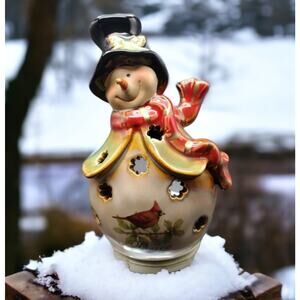 Kirkland's Snowman “Peace” Tealight Candle Holder | 5.5" Tall | Glazed Stoneware